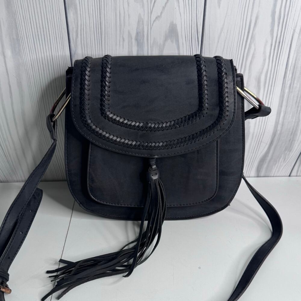 Vintage Franco Sarto Grey Saddle Bag Crossbody Purse Gray Leather Tassels 10x9"